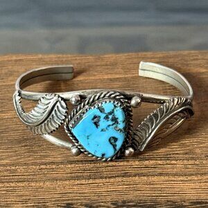 Vintage Navajo Nickel Silver and Turquoise Cuff Bracelet by F. Francis